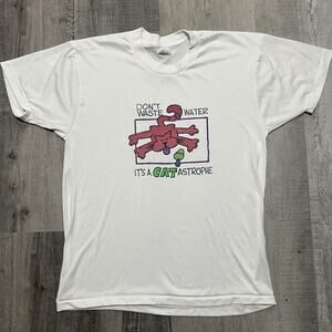 VTG 70s/80s Sears Roebucks "Don't Waste Water" Handmade Drawn Cat Dacron T Shirt